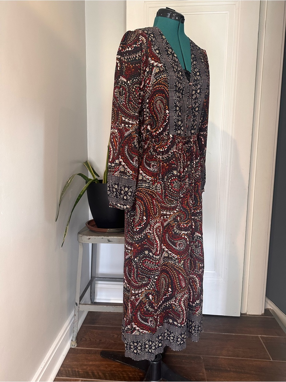 Knox Rose Burgundy Paisley Long Sleeve Maxi Dress with buttons - Picture 3 of 11